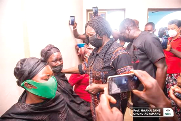 Prof. Naana Jane Opoku-Agyemang, the 2020 Running mate of the NDC presidential candidate, interacting with one of the bereaved families