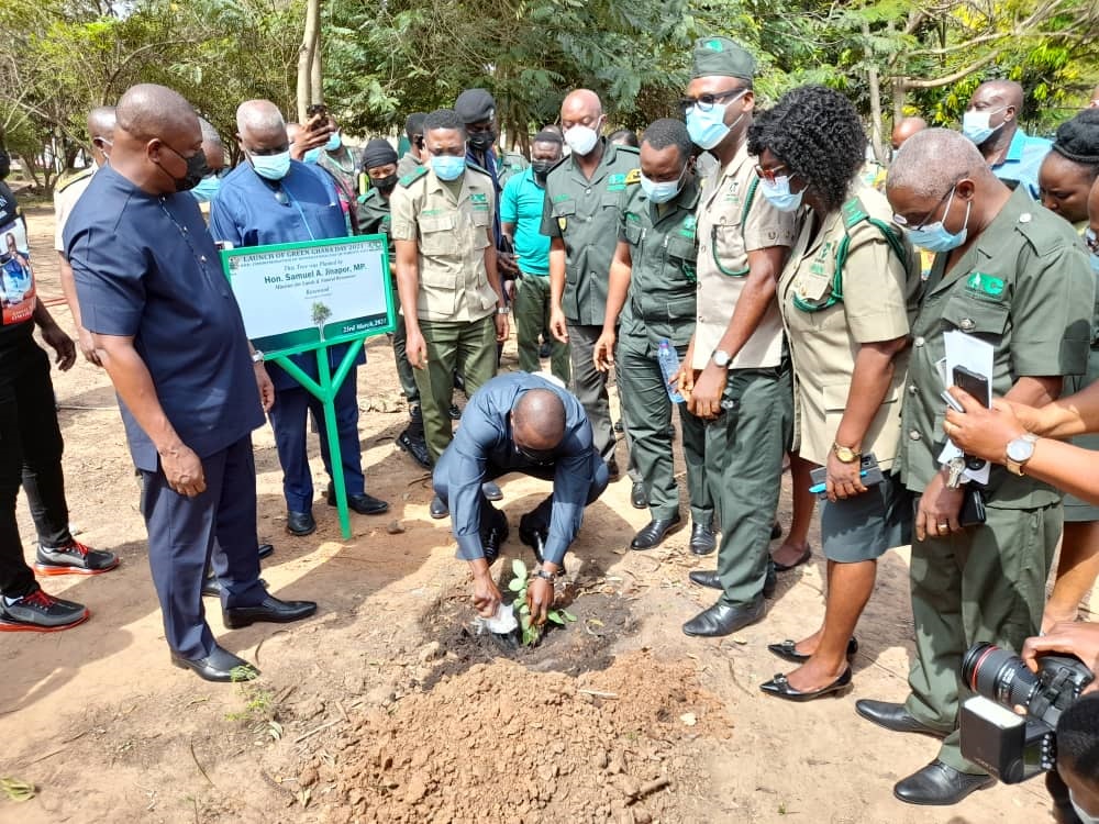 Mr Abu Jinapor planting a tree at the head office of the Forestry Commission. With him is the Chief Executive of the FC, Mr John Allotey