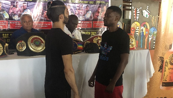 Prince Patel (left) in a face off with Julius Kisarawe during last Tuesday's press conference