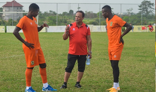 Coach Mariano Barreto (middle), issuing directives to his players during his first training session with the club