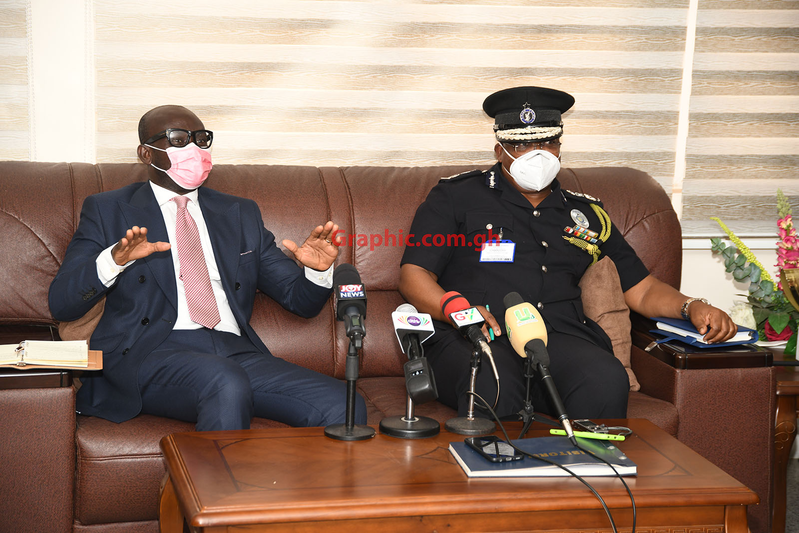 Mr Godfred Yeboah Dame (left), the Attorney-General and Minister of Justice, in discussions with Mr James Oppong-Buanuh, the Inspector-General of Police,  in the former’s office. Picture: EBOW HANSON 