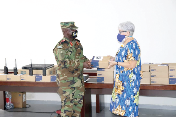  Mrs Stephanie S. Sullivan (right), the US Ambassador to Ghana, handing over the equipmet to Major General Thomas Oppong-Peprah, the Chief of Army Staff