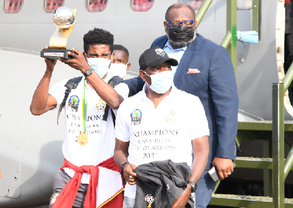 Mr Mustapha Ussif, Minister of Youth and Sports, and some officials of the ministry and the Ghana Football Association welcoming the Black Satellites team back home. Picture: EBOW HANSON