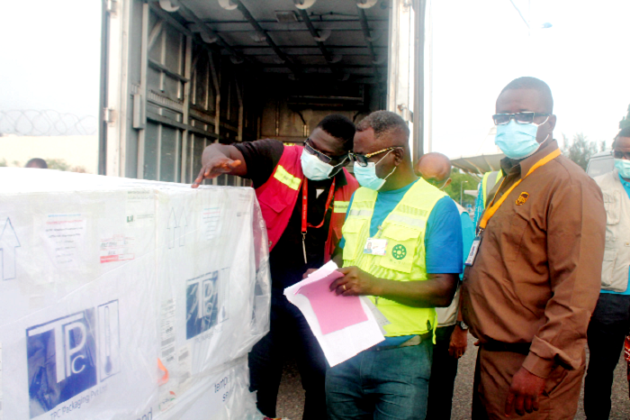 Some health officials taking inventory of the vaccines. Picture: Maxwell Ocloo