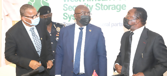  Dr Mahamudu Bawumia (middle), the Vice-President, interacting with Dr Owusu Afriyie Akoto (right), Minister of Food and Agriculture, at the conference in Accra. Looking on is Mr Sekou Sangare (left), ECOWAS Commissioner for Agriculture, Environment and Water Resources. Picture: GABRIEL AHIABOR