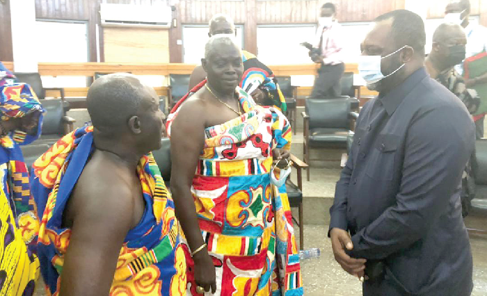  Dr Matthew Opoku Prempeh (right), Energy Minister,  interacting with some members of the Western Regional House of Chiefs