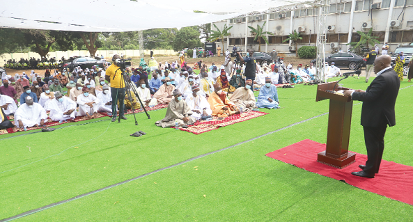President Akufo-Addo addressing the 2021 Eid-ul-Fitr at the forecourt of GBC. Picture: SAMUEL TEI ADANO