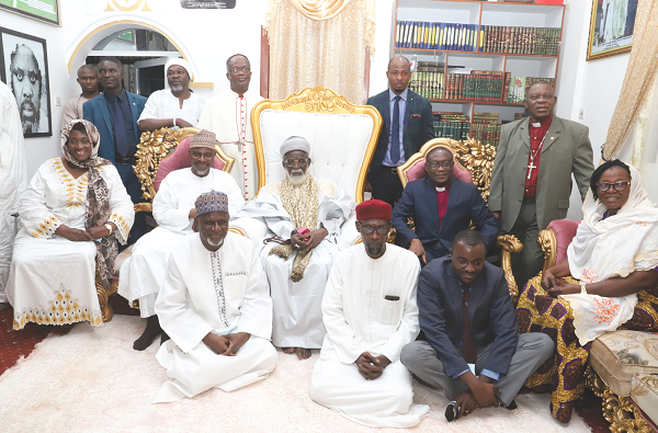 Rev. Dr Ernest Adu-Gyamfi (3rd right), Chairman of the National Peace Council; Sheikh Osman Nuhu Sharubutu (middle), the National Chief Imam, with some members of the NPC and Muslim elders during a courtesy call on the Chief Imam in Accra. Picture: GABRIEL AHIABOR