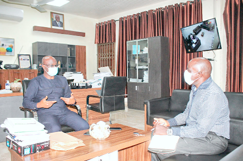 Prof Mohammed Salifu (left), Director-General of the GTEC, speaking to Mr Severious Kale-Dery, Education, Gender and Health Editor, during the interview. Picture: Maxwell Ocloo