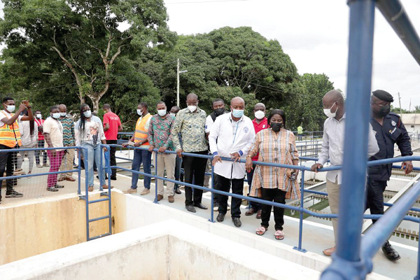 Mrs Dapaah (3rd right), Sanitation and Water Resources Minister, inspecting the Owabi water treatment plant