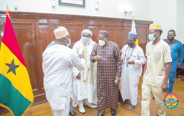 Mr Alban S.K. Bagbin (arrowed), Speaker of Parliament, welcoming the leadership of the Tijaniya Muslim Council of Ghana to his office