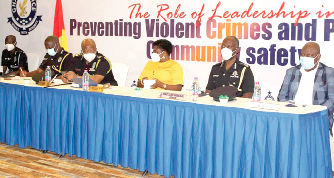 From right: Mr Samuel K. Agyekum, DCE of Asuogyaman; Dr George Akufo Dampare, Commissioner of Police and Director-General in charge of Administration; Mrs Adelaide Anno-Kumi, Chief Director of the Ministry of the Interior; Mr James Oppong-Boanuh, the IGP, and Mr Christain Tetteh Yohunu, Director-General in charge of Special Duties