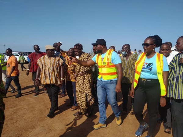 Mr Daniel McKorley (3rd right),  Chairman of Electrochem Ghana Limited, taking the Ada Traditional Council on a tour of the concession (below)