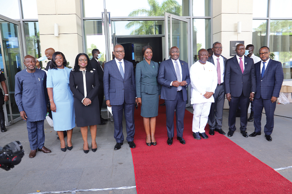 Vice-President Dr Bawumia (5th from right) in the company of Mr Ken Ofori-Atta (4th from right), the Minister of Finance; Dr Ernest Addison (4th from left), Governor, Bank of Ghana, and other dignitaries after the event. Picture: SAMUEL TEI ADANO