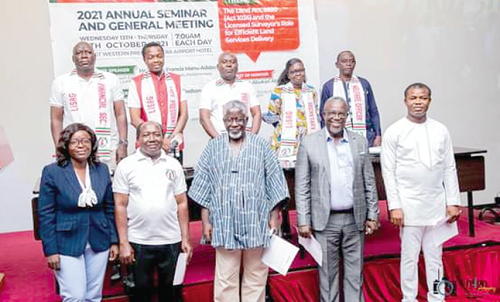 The new executive of the Licensed Surveyors Association of Ghana (back row) with the new Council of Elders