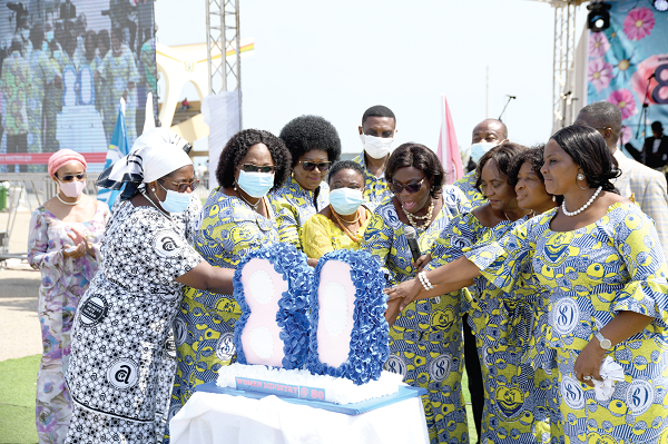 Mrs Justice Georgina Theodora Wood (3rd from right), former Chief Justice, joins some executive members of the  Assemblies of God, Ghana Women’s Ministries to cut the anniversary cake to mark its 80th anniversary. Picture: EBOW HANSON