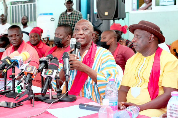 Mr Godfred Abulbire (with mic), General Secretary, GPRTU, with Nana Nimako Bresiamah, National Chairman, GPRTU, as he addressed yesterday’s news conference. Picture: Maxwell Ocloo