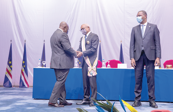 President Akufo-Addo (left) congratulating Dr Jose Maria Pereira Neves, the President of Cape Verde