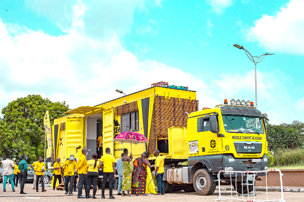 Ehunabobrim Prah Agyensaim VI, Chairman of the Ghacem Cement Foundation, commissioning the mobile cement user training facility 