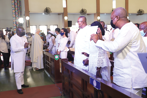 Fr Andrew Campbell exchanging greetings with the Rawlingses including Nana Konadu Agyemang-Rawlings, the former First Lady, while Vice-President Dr Bawumia (left) shares pleasantries with former President Mahama (right), Prof. Naana Jane Opoku Agyemang (2nd from right) and Mr Samuel Ofosu Ampofo (3rd from right). Picture: SAMUEL TEI ADANO