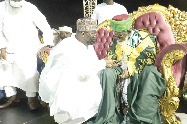 Vice-President Dr Mahamudu Bawumia (left) exchanging pleasantries with Sheikh Osman Nuhu Sharubutu, the National Chief Imam, at the ceremony 