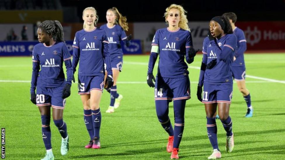 Diallo (number 20) leaves the pitch alongside team-mate Kheira Hamraoui (number 14) after a Champions League match at Breidablik in Iceland last month