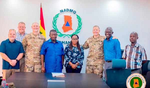 Mr Eric Nana Agyemang-Prempeh (4th from left), Director—General of National Disaster Management Organisation, and Lt. Col. MC Evers (3rd from left), leader of the US delegation and some members of NADMO and North Dakota National Guard