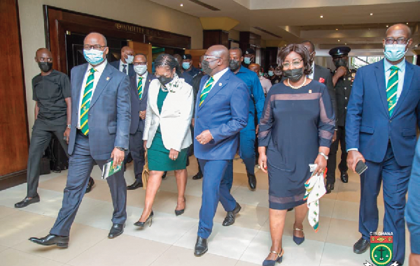 Dr Mahamudu Bawumia (3rd right), Vice-President, interacting with some of the dignitaries while walking to the event auditorium. With him is Right Rev. Patricia Sappor (2nd right), President, CIB Ghana, and Dr Ernest Addison (left), Governor, BoG