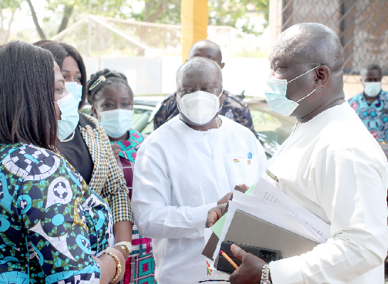 Mr Ken Ofori-Atta (2nd from right), Minister of Finance; Prof. Martin Oteng-Ababio (right), acting Provost, College of Education, University of Ghana, and Ms Eve Esselba Mends (left), Coordinating Director, Technical, Ministry of Finance, at the launch. Picture: Maxwell Ocloo