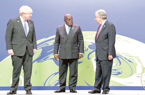 President Akufo-Addo (middle) exchanging pleasantries with Antonio Guterres (right), the UN Secretary-General. With them is the British Prime Minister, Boris Johnson