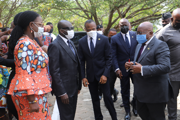 President Akufo-Addo being welcomed by Prof. Nana Aba Appiah Amfo (left), Vice-Chancellor, University of Ghana, to the Future Legal Education in Africa Conference. Those with them includee Mr Godfred Yeboah Dame (2nd from left), Minister of Justice and Attorney-General. Picture: SAMUEL TEI ADANO