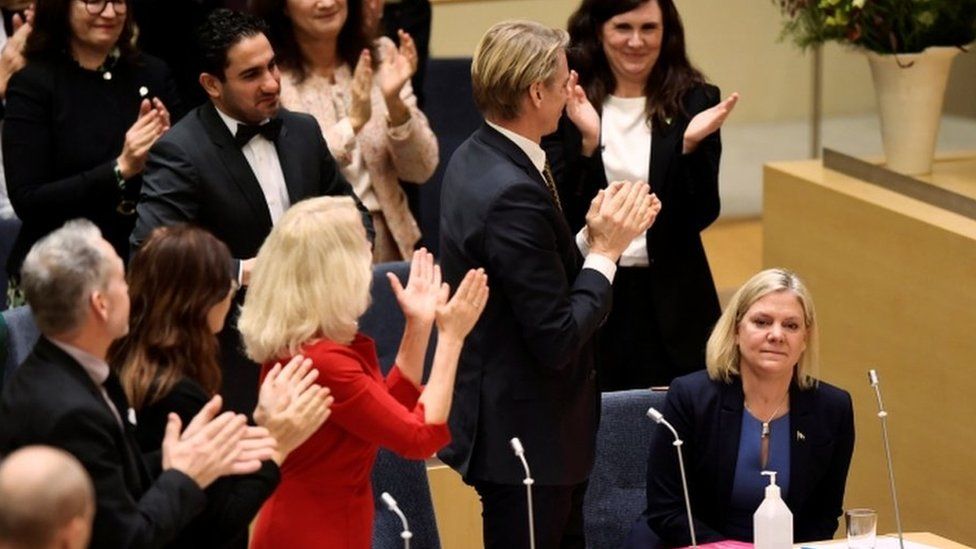 Many MPs gave Magdalena Andersson (right) a standing ovation in the Riksdag earlier on Wednesday