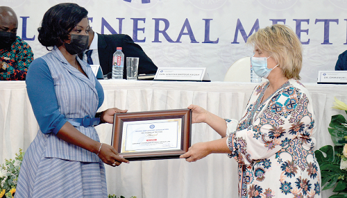 Mrs Dela Bonsu (left), Training and Development Manager, GCGL, receiving the GEA Trainer of the Year Award from Ms Ingunn B. Christiansen, Assistant Director of the  Confederation of Norwegian Enterprise. Picture: ALBERTA MORTTY 