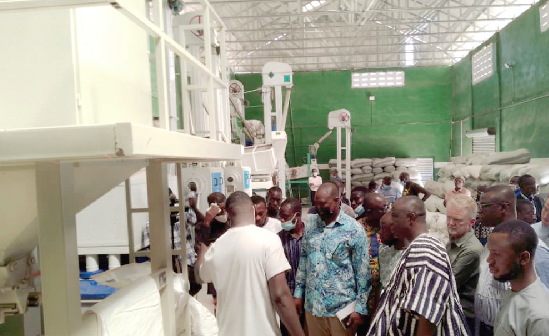 • Mr. Yaw Frimpong (in smock), Deputy Minister of Agriculture, and other guests inspecting a warehouse for the project