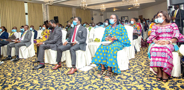 Prof Rita Akosua Dickson (right), Vice-Chancellor of the Kwame Nkrumah University of Science and Technology; Dr Yaw Osei Adutwum (3rd from right), Minister of Education, and Rev Joseph Ntim Fodjour (2nd from right), Deputy Minister of Education, and other members of the audience watching a zoom presentation