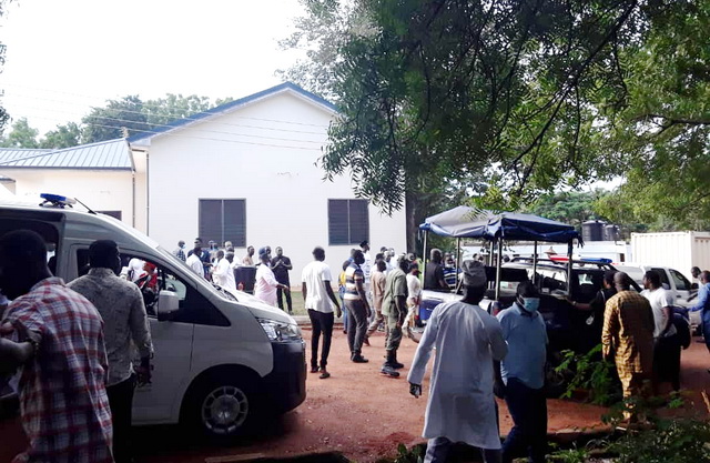 A scene outside the voting hall during the confusion
