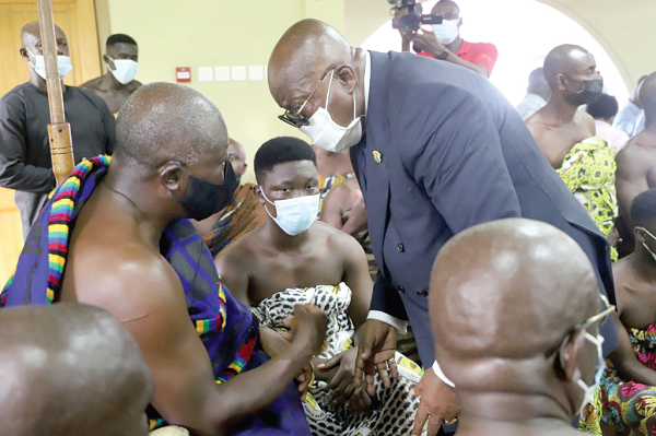 The Asantehene, Otumfuo Osei Tutu II (left), welcoming President Nana Addo Dankwa Akufo-Addo to the Manhyia Palace in Kumasi yesterday. Picture: EMMANUEL BAAH