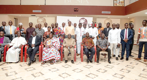  Okogyeaman Sakyi Ako (seated 3rd from left), Nana Obiri Boahen (seated 2nd from right), Deputy General Secretary of the NPP; Mr Kwadwo Adjei Darko (seated 3rd from right), a former Minister of Local Government and Rural Development; ­Prof. Christopher Ameyaw-Akumfi, former Minister of Education, and other dignitaries after the lecture