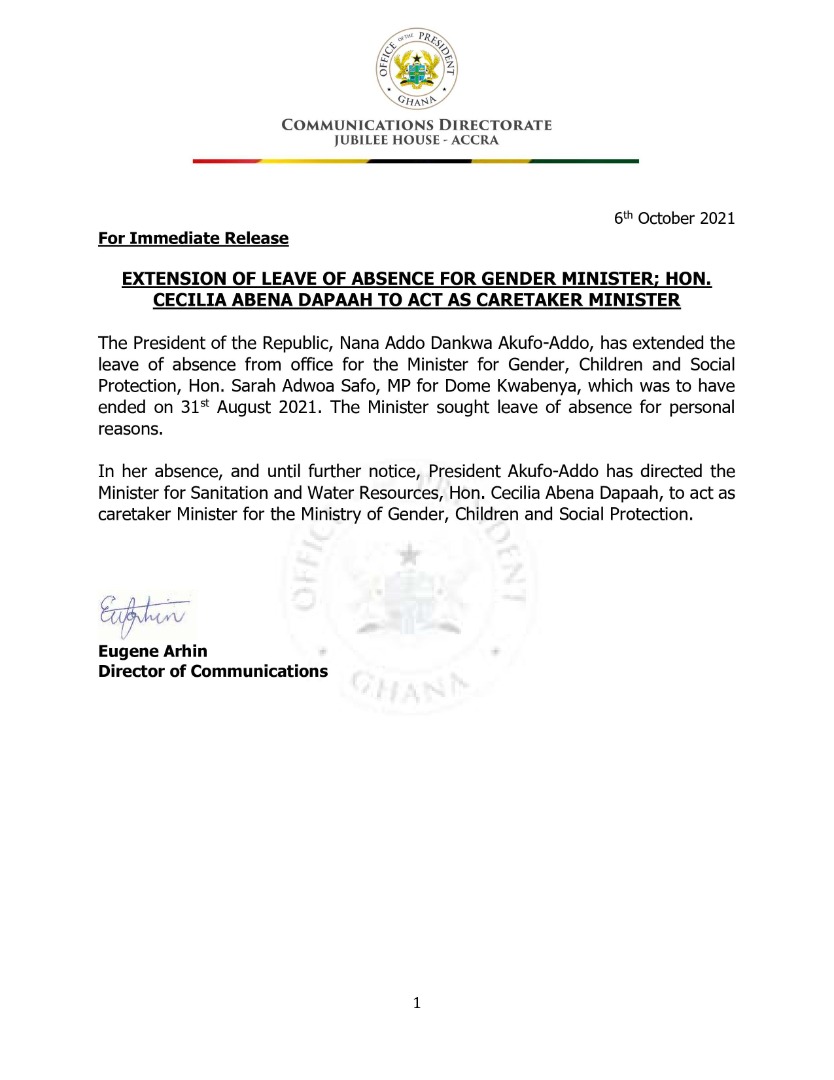 Extension of leave of Absense for gender minister