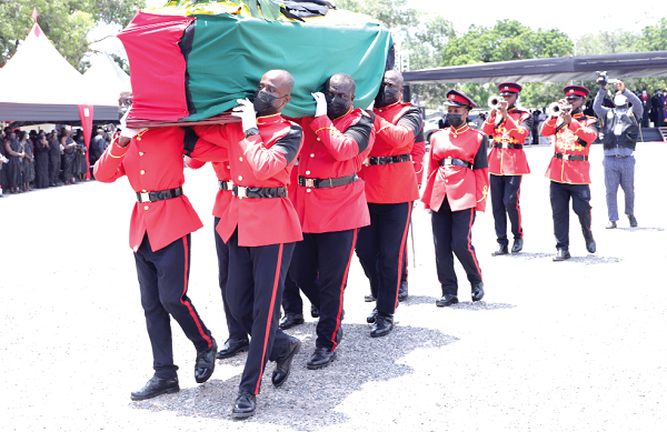 The casket of Justice Samuel Kofi Marful-Sau being carried away by the military pallbearers. Picture: EDNA SALVO-KOTEY