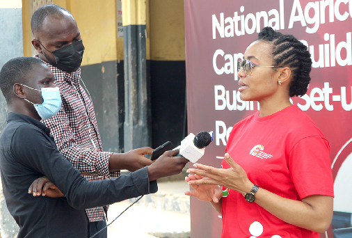 Ms. Zanetor Rawlings (right), MP for Klottey Korle Constituency, being interviewed by some journalists at the event. Picture: ESTHER ADJEI
