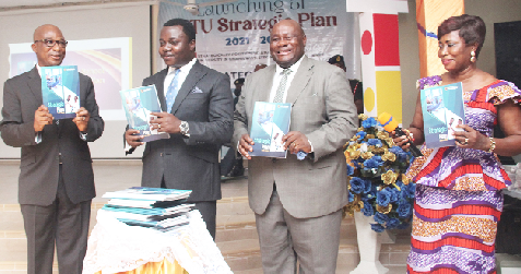 Reverend John Ntim Fordjour (2nd from left), Deputy Minister of Education, launching the Accra Technical University’s Strategic Plan. With him are Dr. Wilfred Kwabena Anim-Odame (left), Council Chairman, ATU governing board; Prof. Samuel Nii Odai (2nd from right), Vice-Chancellor, ATU, and Mrs. Sylvia Oppong Mensah (right), Registrar, ATU