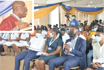 Prof. Obeng Mireku (Inset), President of the Wisconsin International University College, Ghana speaking at the matriculation. Picture: ALBERTA MORTTY