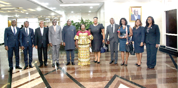 Vice-President Dr Mahamudu Bawumia (5th from left) with Mrs Akosua Frema Osei-Opare (6th from left), the Chief of Staff, and members of the Legal Service Board after the swearing in ceremony. Picture: SAMUEL TEI ADANO