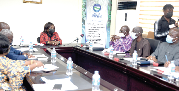 Ms Cecilia Abena Dapaah (head of table), Minister of Sanitation and Water Resources, addressing the 15-member board in Accra. Picture: EMMANUEL QUAYE