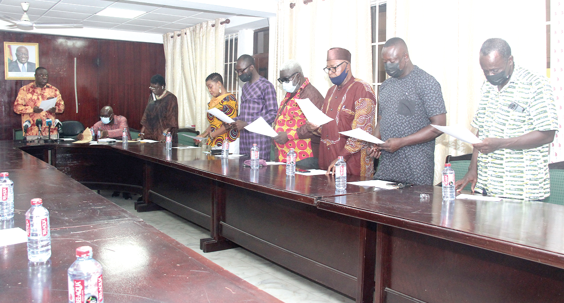 Dr Ibrahim Mohammed Awal (far left), the Minister of Tourism, Arts and Culture, swearing in the National Film Authority Board. Picture: Benedict Obuobi