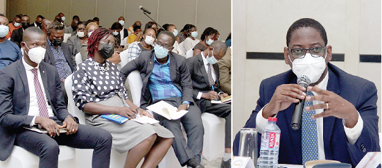 Rev. Ogbarmey Tetteh (right), Director- General, Securities and Exchange Commission, addressing the guest at the SEC training. Pictures: BENEDICT OBUOBI