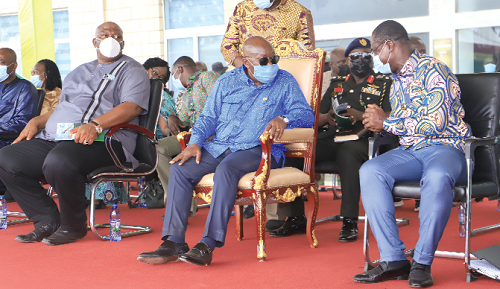 President Akufo-Addo interacting with Mr Joseph Siaw Agyapong (right), Executive Chairman, Jospong Group of Companies. Looking on is Mr Henry Quartey (left), Greater Accra Regional Minister. Picture: SAMUEL TEI ADANO