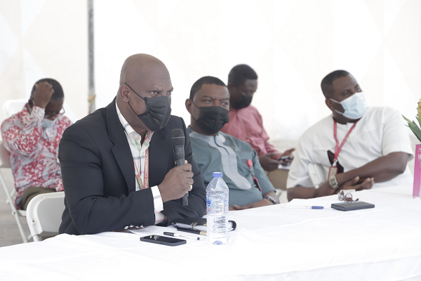 Mr Ato Afful (left), Managing Director, GCGL, addressing the durbar. With him are Mr Kobby Asmah, Editor, Daily Graphic, and Mr Franklin Sowa (right), Director, Marketing and Sales