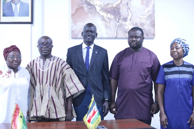 (L-R): Deputy Executive Director of NSS in charge of General Services, Mrs. Gifty Oware-Mensah; Executive Director of NSS, Mr Ossei Assibey Antwi; Minister for Youth and Sports for South Sudan, Mr Peter Baptist Abakar;  Deputy Executive Director of NSS in charge of Operations, Mr Kwaku Ohene Gyan; and UNDP rep to South Sudan, Christiana Ahenkora